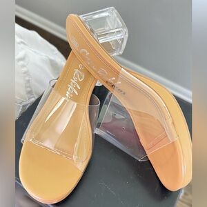 Cape Robbin Tan Heels with Clear Strap